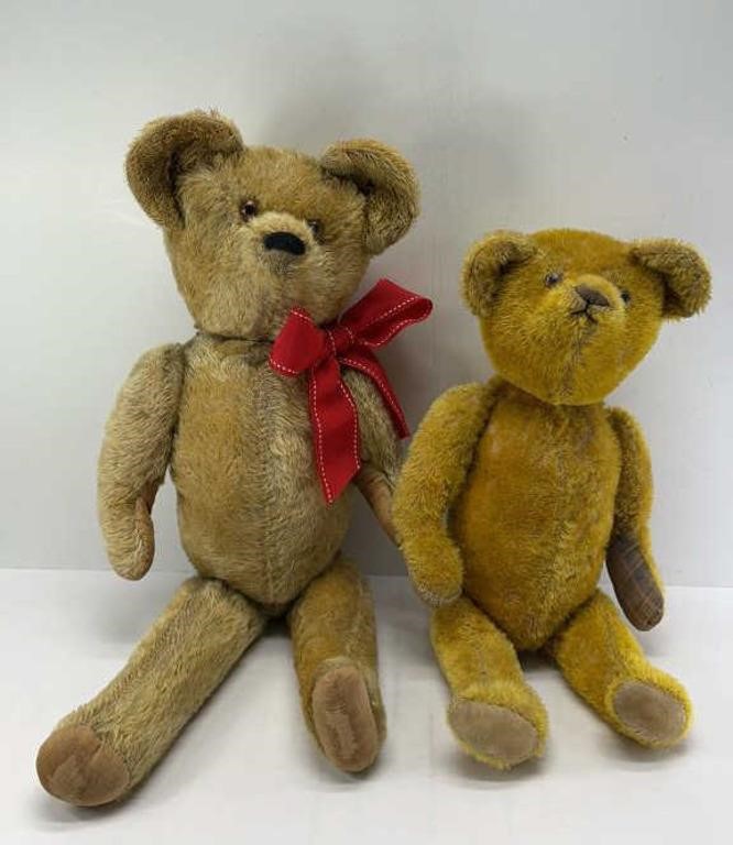 (2) VINTAGE JOINTED TEDDY BEARS W/ GLASS EYES