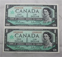 Canada Lot of 2 One Dollars Banknotes in Sequentia