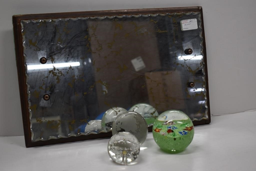 Vintage Marble MIrror, Three Paperweights