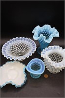 5 Pcs. Opalescent Blue/White Hobnail Glass