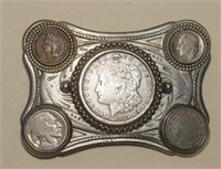 Belt Buckle w/ Morgan Dollar, "V" Nickel, Indian