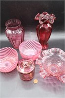 6 Pcs. Vintage Swirled, Etched Cranberry Glass