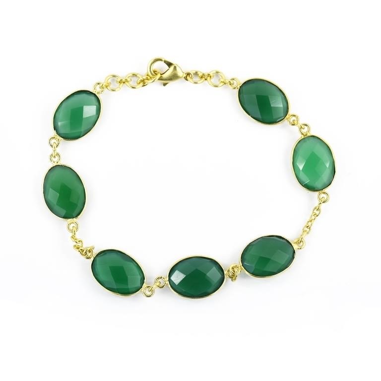 Oval Cut Green Onyx Gemstone Silver Bracelet 7 inc