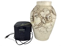 Embossed Grape Leaf Pottery Vase and Sony Stereo