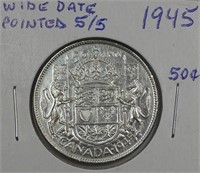 1945 Pointed 5 over 5 WD Canada Silver 50 Cents