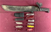 Machete & 11 Assorted Pocket Knives