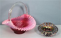 Fenton Cranberry Glass Basket + Small Bowl