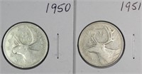 1950 & 51 Canada Silver 25 Cents