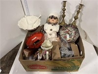 Box lot- doll, vintage bowls, brass, misc