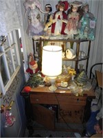 Old Cabinet with Wooden Wall Shelf, Vases, Dolls,