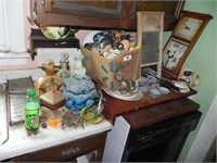 Lots of Items on Counter - Decanters, Wash Board,