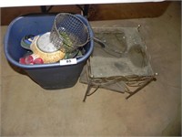 Blue Trash Can w/Utensils, Rooster Clock, Misc.,