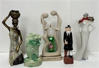5 sculptures, en albâtre, porcelaine, bois,