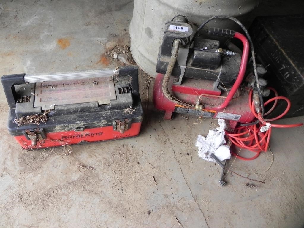 Small Air Compressor, Tool Box w/Some Tools