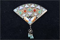 Sterling & Enamel  "Butterfly Fan" Brooch 16g