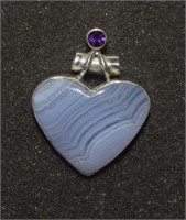 Sterling Blue Lace Agate Heart & Amethyst Pendant