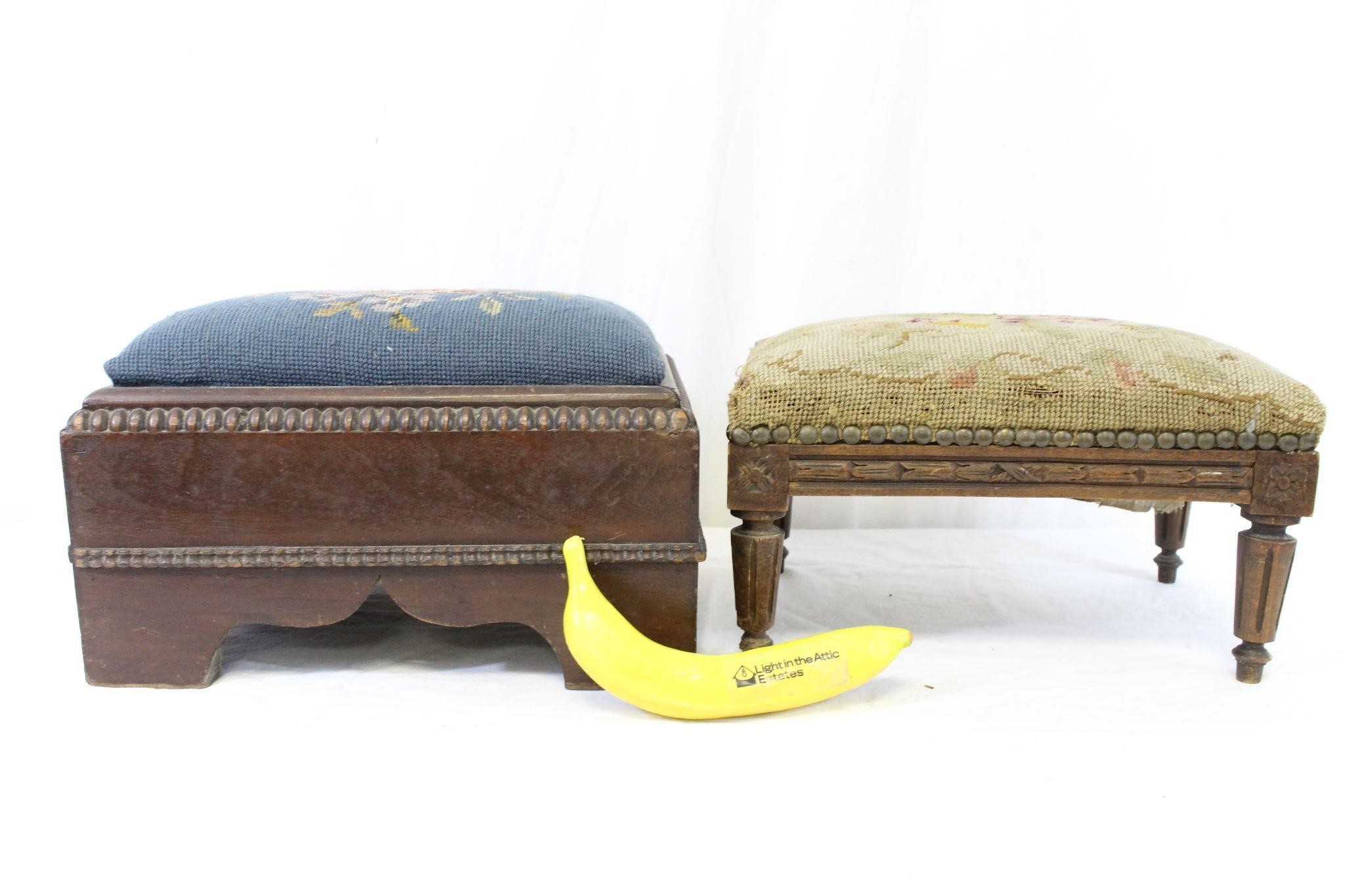 2 Antique Needlepoint Upholstered Stools