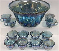 Carnival Glass Punch Bowl & 12 Cups