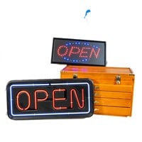 Large Wooden Storage Box & Open Signs