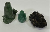 2 Jade Small Carvings & Raw Semi-Precious Stone