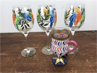3 Hand Painted Wine Glasses & 1 Coffee Cup