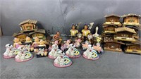 38pc Porcelain Figures w/ Log Cabin Music Boxes