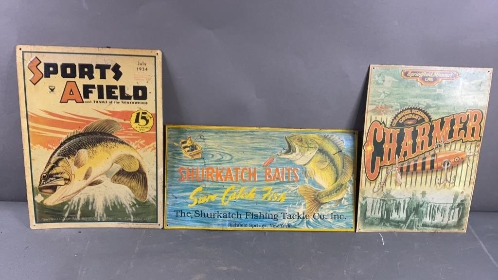 3pc 1990-2001 Fishing Advertising Tin Litho Signs