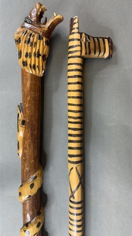 2pc Hand Carved+ Lion & Giraffe Head Walking Canes