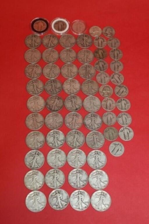 63 Misc Silver coins. 40 - .50 cent walking