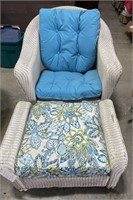 Wide arm wicker chair w/ ottoman & cushions