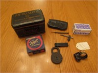 old crayon tin,leather cutter,lock & items