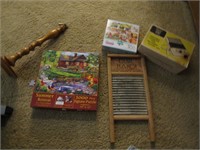 wood carriage,puzzles & washboard