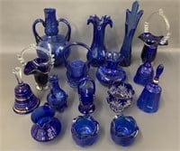 Group cobalt blue, etc. glass ware, baskets,