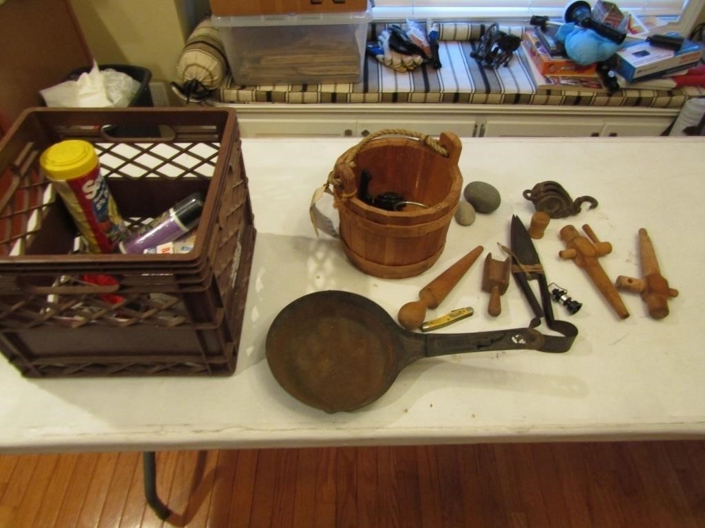 newer bucket,sheep trimmers,pulley,wood items