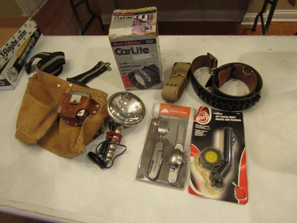 tote,bullet belt,tool belt,car lites & items