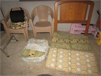 5 plastic chairs,headboard,seat cushions & items