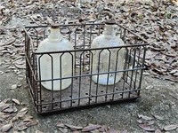 Metal Dairy Crate and (2) Glass Bottles