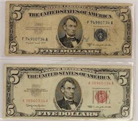 2 - $5 Bills (Silver Certificate & Red Seal)