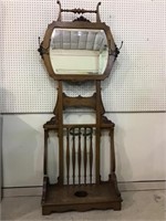 Antique Hall Tree w/ Mirror, Coat/Hat Hooks &