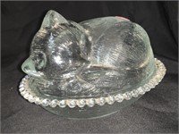 VINTAGE GLASS CAT IN BASKET CANDY DISH -