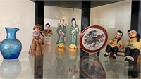Corn husk doll, crackle pitcher, asian figurines