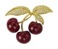 Joan Rivers Red Enameled Rhinestone Cherry Brooch