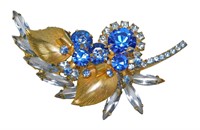 Delizza & Elster Blue Rhinestone & Leaf Brooch