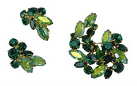 Vintage La Roca Green Rhinestone Brooch/Earrings