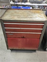 Gray and red Craftsman rolling tool box w tools