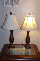 Pair of table lamps w/ fabric shades; base has