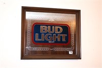 Framed Bud Light mirror; measures approx. 22 in x