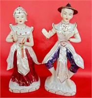 Vtg 10" Iridescent Porcelain Chinese Man & Woman