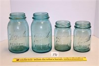 (4) Vintage turquoise Ball canning jars; (2)