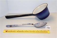 Vintage enamelware dipper & spoon; some damage to